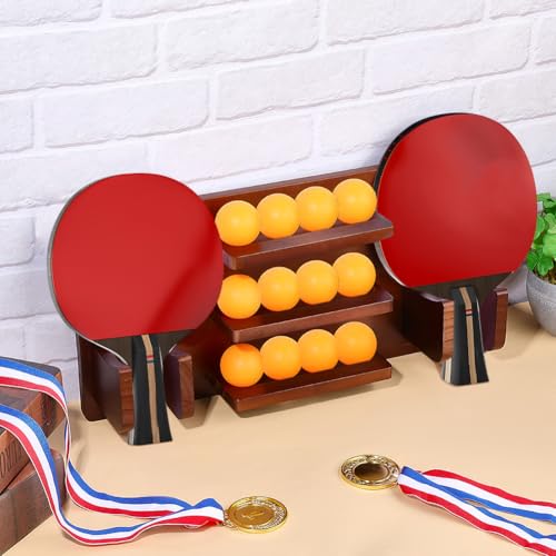 FINGERINSPIRE Wall Mounted Ping Pong Paddle Holder Pine Wood Rack Holds 6 Paddles and 12 Balls Table Tennis Rack with Installation Kit Brown Paddle Holder Space-Saving Racket Storage for Game Room