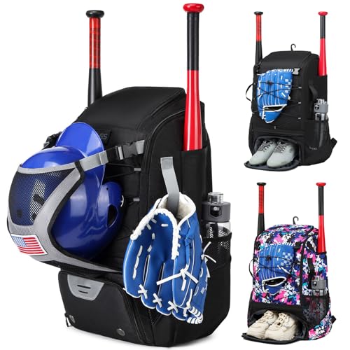 Softball Bag,Softball Bat Bag For Youth Adults,Baseball Bag with Fence Hook for TBall Bat & Equipment,Lightweight Baseball Bat Backpack with Shoe Compartment,Large Main Compartment for Helmet - color: Black
