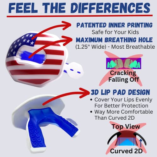 Oral Mart Flag Football Mouth Guard with 3D LipFit Design for Kids - Youth Football Mouthguard (No Boil) Cool Instant Fit Lip Guard Mouthpiece for Braces (Detachable Helmet Strap Included) - color: American Flag