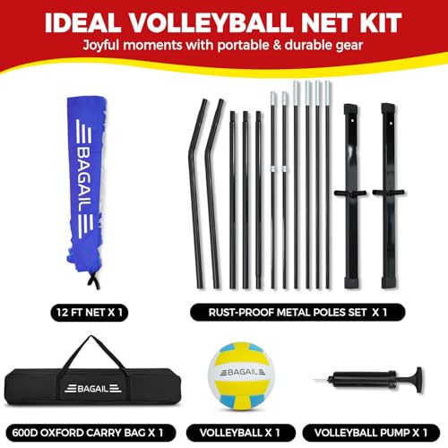 BAGAIL Volleyball Net, 12ft/20ft Portable Volleyball Net for Backyard - Adjustable Height, Heavy-Duty Frame, Freestanding Design - Portable Outdoor/Indoor Volleyball Set with Carry Bag
