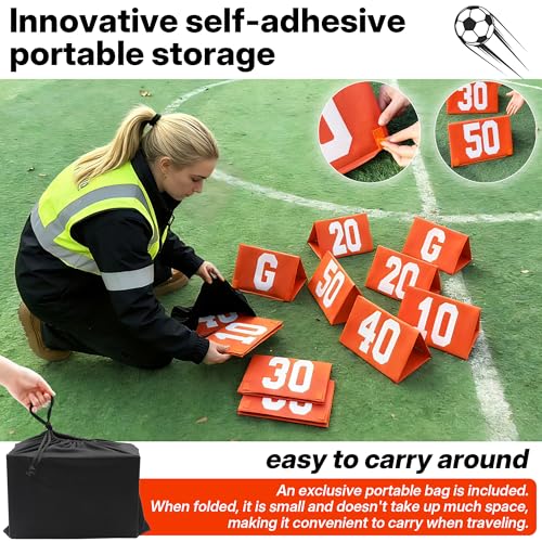 Set of 11 Football Yard Markers Field Markers Orange High Visibility Weighted Yardage Markers with Portable Carrying Bag, Football Gear for Football Training Equipment