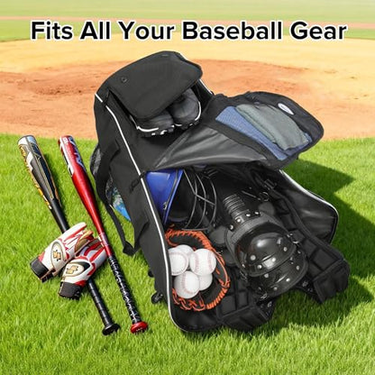 Catchers Gear Bag with Wheels, Large Rolling Baseball Equipment Bag for Helmet, Bats, Cleats, Durable Polyester for Youth and Adults, Black
