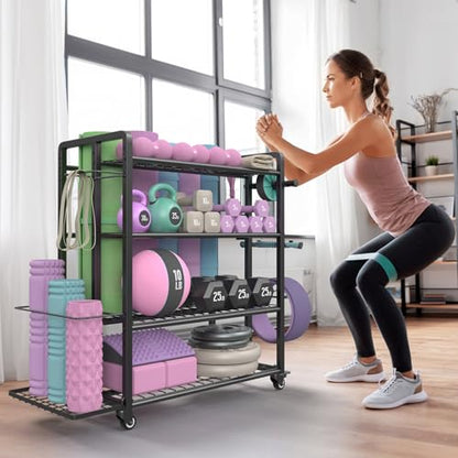 4-Tier Dumbbell Rack Stand Only, Adjustable Weight Rack for Dumbbells Kettlebells Yoga Mat, Home Gym Storage Rack with Wheels and Hooks, Powder Coated Finish - size: Large Black