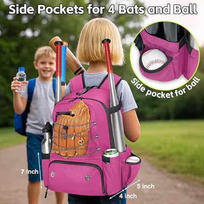 MATEIN Baseball Bat Bag for 4 Bats with Ball Pocket, Lightweight Youth Baseball Backpack with Shoe Compartment, Large Capacity Softball Equipment Bag with Fence Hook for TBall Gear, Helmet, Glove - color: Pink