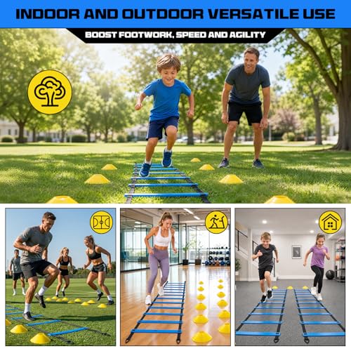 2 Pack 20ft Agility Ladder Set, 40ft Total Adjustable Speed Ladder with 12 Cones, 8 Stakes, 1 Carry Bag - Parallel Footwork Drills Gear for Football Soccer Basketball Training Equipment - color: Blue