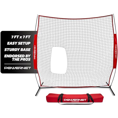PowerNet 7x7 FT Pitch-Thru Protection Pitching Screen for Softball, 49 Sq Ft Barrier Net Only or Net + Frame, Portable Pitching & Batting Practice Net, Open Area in Net for Ball to Pass Through - style: Net + Frame Bundle