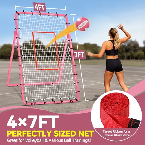 6-Angle Adjustable Volleyball Rebounder Net 7x4ft, High Stable Bounce Back Training Equipment for Practicing Volleying Bumping Spiking with High-Tension Net, PU Volleyball and Pump, Stakes - color: Pink