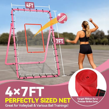 6-Angle Adjustable Volleyball Rebounder Net 7x4ft, High Stable Bounce Back Training Equipment for Practicing Volleying Bumping Spiking with High-Tension Net, PU Volleyball and Pump, Stakes - color: Pink
