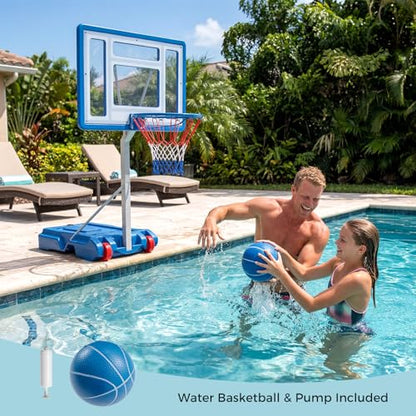 GYMAX Pool Basketball Hoop, Stainless Steel Adjustable 32" Portable Basketball Hoop for Pool with Fillable Base, Shatterproof Backboard, Basketball & Pump Included