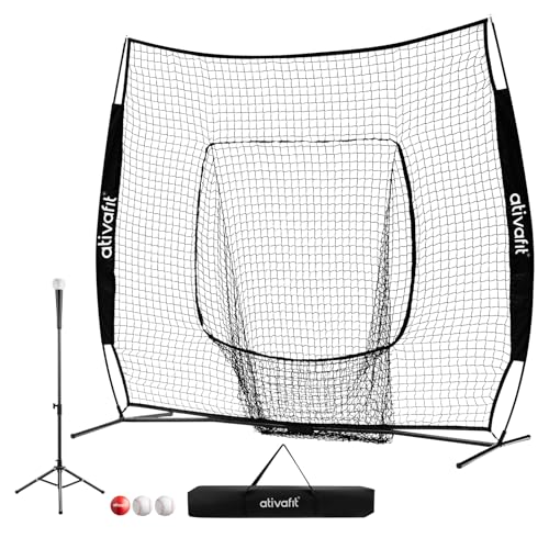 Ativafit 7x7 Baseball Practice Net - Portable Pitching & Batting Training Net with Hung Net*2 - Easy Setup Baseball Net - Includes, Practice Balls*3, Batting Tee*1, Carry Bag*1 - color: BLACK