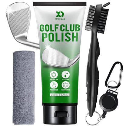 XQ XIAO QIAO Golf Club Cleaning kit, 3-in-1 Easy to Use Golf Club Cleaner Includes 250ml Golf Club Polish, Golf Club Brush and Groove Cleaner 2 ft Retractable Zipline Carabiner, Microfiber Cloth