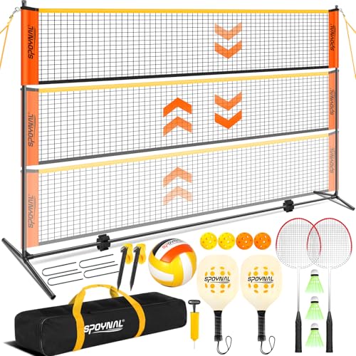 3-in-1 Adjustable Height Volleyball Badminton Pickleball Net Set - Portable Badminton Net Set for Backyards with Badminton Racket & Shuttlecocks, Volleyball Set with ball & Pump, Pickleball & CarryBag