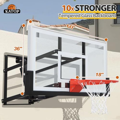 Katop Wall Mount Basketball Hoop with 60"x36", 72"x42" Tempered Glass Backboard, Effortlessly Height Adjustable from 7.5' to 10', Pre Installed Pads and Heavy Duty Basketball Rim and Net - style: 60 Inch Backboard