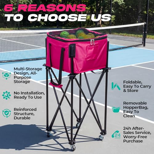 Pickleball Cart With Wheels, Foldable Tennis Ball Hopper Basket, Lightweight Ball Caddy With Zippered Mesh Lid, Portable Sports Ball Storage For Outdoor Court, Home Training, Kids Youth Adults