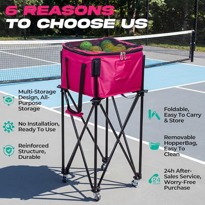 Pickleball Cart With Wheels, Foldable Tennis Ball Hopper Basket, Lightweight Ball Caddy With Zippered Mesh Lid, Portable Sports Ball Storage For Outdoor Court, Home Training, Kids Youth Adults