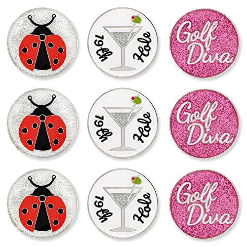 PinMart’s Mix Bundle Pack of 9 Golf Ball Markers - Golf Accessories for Men and Women – United States Eagle and American Flag Magnetic Ball Markers Set of 9 - color: Golf Diva Pink/Red/Silver