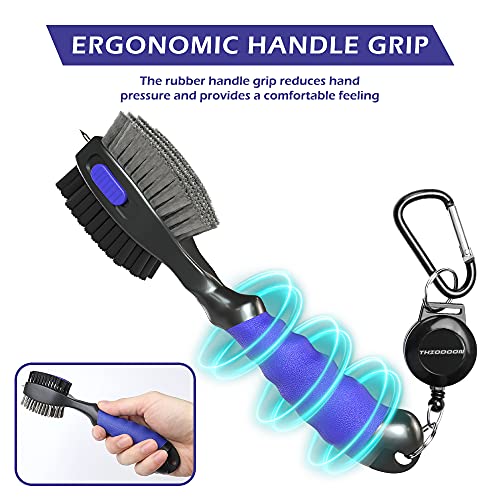 THIODOON 2 Pack Golf Club Brushes and Groove Cleaner 2 ft Retractable Zipline Carabiner Golf Brush Head with Retractable Spike Comfortable Grip Golf Club Cleaner - color: 2pcs Black & Blue