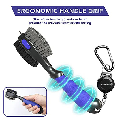 THIODOON 2 Pack Golf Club Brushes and Groove Cleaner 2 ft Retractable Zipline Carabiner Golf Brush Head with Retractable Spike Comfortable Grip Golf Club Cleaner - color: 2pcs Black & Blue