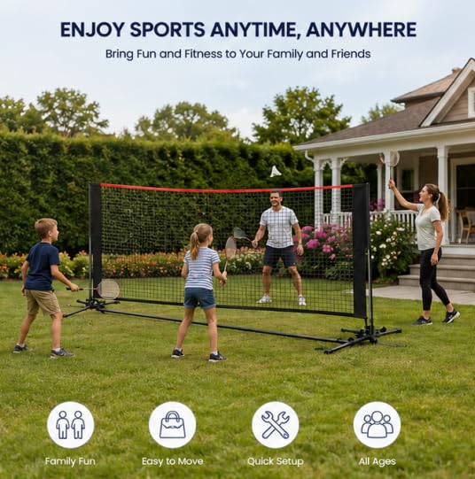 10FT Badminton Net Set - Adjustable Height Multi-Sport Net for Pickleball, Tennis, Volleyball & Soccer Tennis - Portable Indoor/Outdoor Sports Net with Carry Bag, Red and Black