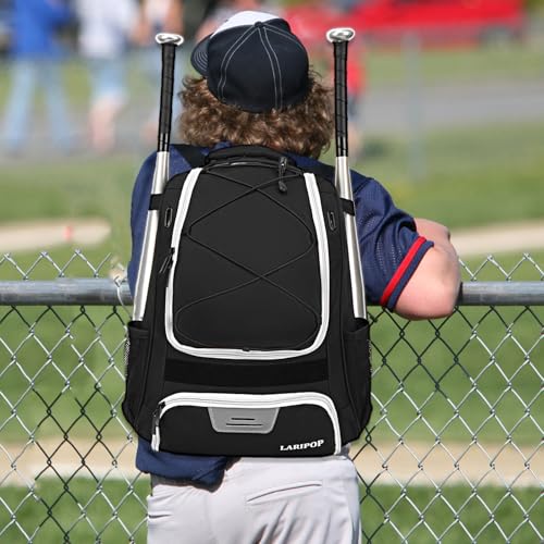 LARIPOP Youth Baseball Bag, Bat Backpack with Fence Hook & Separate Shoe Compartment, Waterproof Equipment Bag for Baseball, T-Ball & Softball - color: Black White