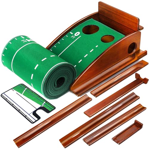 SAPLIZE Indoor/Outdoor Putting Mat with Auto Ball Return, Dual Holes & Distance Markers - Portable Golf Practice Green for Home or Office Training Aid