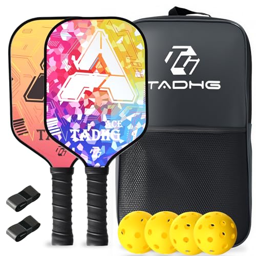 TADHG Pickleball Paddle Set 2 Lightweight 8.4oz Paddles with Honeycomb Core Spin-Friendly Surface 4 Balls - color: 04.Rainbow