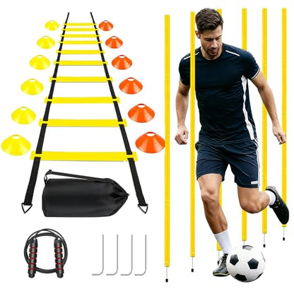 Agility Training Set for Soccer & Football - 20FT Speed Ladder, 12 Cones, and Training Aids for Kids Youth Sports Practice, Footwork Drill Kit