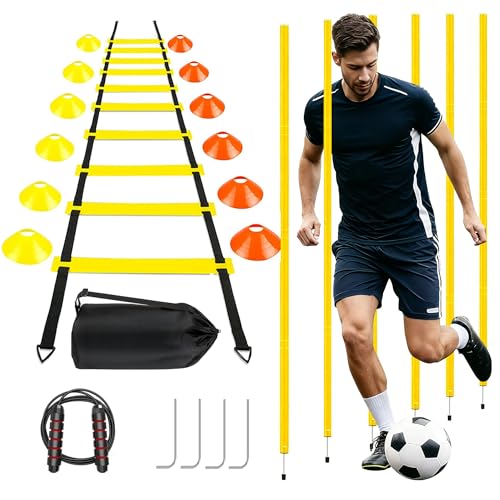 Agility Training Set for Soccer & Football - 20FT Speed Ladder, 12 Cones, and Training Aids for Kids Youth Sports Practice, Footwork Drill Kit