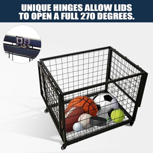 Yeeoy Rolling Sports Ball Storage Cart, Multi Large Sports Equipment Organizer Holder with Lockable Lid, Indoor Outdoor Ball Cage Bin Sport Rack for Gym, School, Club