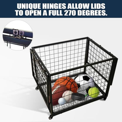 Yeeoy Rolling Sports Ball Storage Cart, Multi Large Sports Equipment Organizer Holder with Lockable Lid, Indoor Outdoor Ball Cage Bin Sport Rack for Gym, School, Club