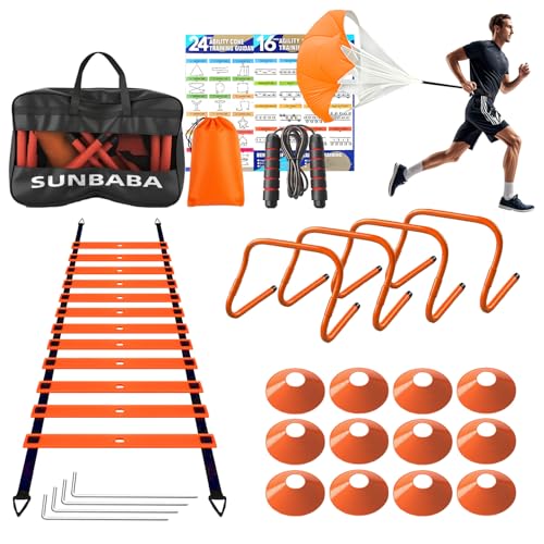 SUNBABA Agility Ladder Speed Training Equipment Set with 20ft Agility Ladder,4 Hurdles,12 Cones,Jump Rope,Running Parachute-Ideal Training Equipment for Kids Youth Adults in Soccer Football Basketball