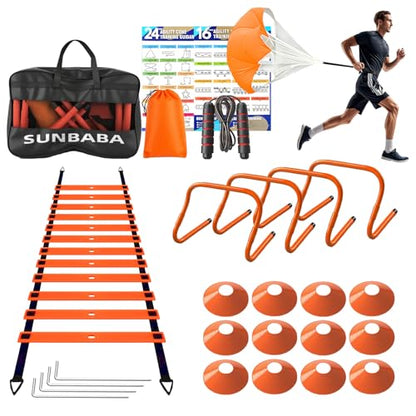 SUNBABA Agility Ladder Speed Training Equipment Set with 20ft Agility Ladder,4 Hurdles,12 Cones,Jump Rope,Running Parachute-Ideal Training Equipment for Kids Youth Adults in Soccer Football Basketball