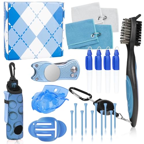 Golf Accessories Kit Golf Club Cleaning Kit Club Groove Cleaner Brush Divot Repair Tool Golf Towel with Clip Ball Bag with Hook Ball Alignment Kit Marking Pen Golf Gift Set Women - color: Light Blue