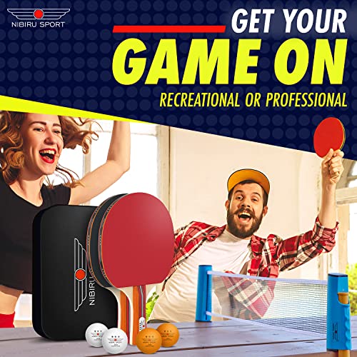 NIBIRU SPORT Professional Ping Pong Paddle Sets - 2 Player or 4 Player Table Tennis Paddles, Retractable Net, Pingpong Balls and Carry Bag Storage Case - Table Tennis Equipment & Ping Pong Accessories - style: 2 Paddles+4 Balls+Net