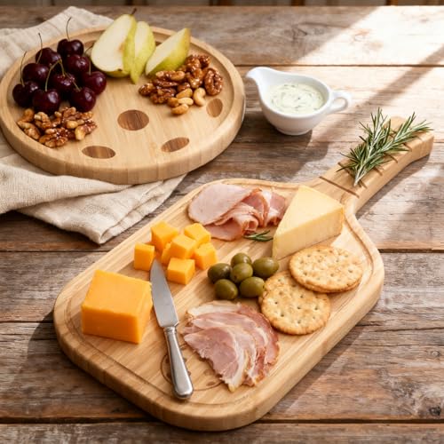 Pickleball Charcuterie Board Set – Bamboo Cheese & Cutting Board | 17" Paddle Board with Handle + 8.5″ Round Plate – Perfect Gifts for Pickleball Fans & Club Gatherings