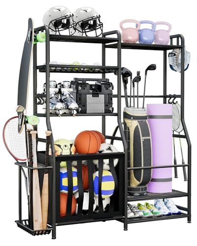 Faesun Garage Sports Equipment Organizer, Golf Bag Storage Rack, Heavy Duty Ball Holder with Basket & Hooks, Indoor/Outdoor Basketball Storage Bins for Toy Sports Gear Storage - size: Pro(Large)