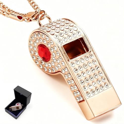 PCTC Shining Whistle,Crystal-Encrusted Metal Whistle with Decorative Chain Great for Referees, Coaches Party and Gift Accessory[Gold Exterior] - color: Red