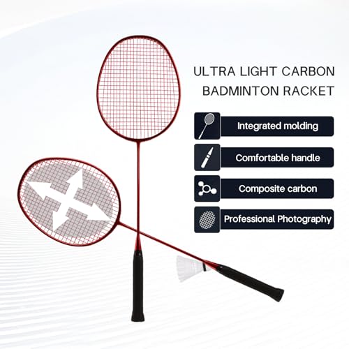 Badminton Rackets,Badminton Racket Set,Both Offensive and Defensive,Composite Carbon Ultra Light 82g Professional Training Racket,Including 2 Rackets,2 Shuttlecocks,and 1 Bag - color: 001B-red