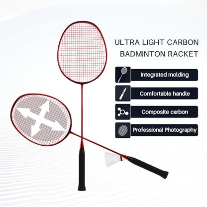 Badminton Rackets,Badminton Racket Set,Both Offensive and Defensive,Composite Carbon Ultra Light 82g Professional Training Racket,Including 2 Rackets,2 Shuttlecocks,and 1 Bag - color: 001B-red