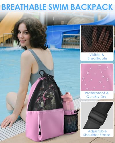 BROTOU Swim Bag Beach Backpack with Wet Pocket Mesh Drawstring Bags for Swimming, Gym - color: Pink