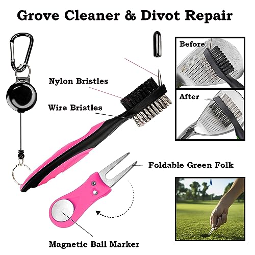 Golf Accessories Kit 20 PCS Pink Golf Gift Set - Golf Towel, Ball Marker, Pins, Golf Club Cleaner, Pink Golf Balls w/Holder, Ball Alignment Kit, Divot Repair, Plastic Tees, All Pink Kit