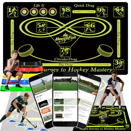 Hockey Training Equipment, Non-Slip Dribbling Training Mat, Indoor/Outdoor Field Trainer, Practice Aids to Improve Speed, Ball Control and Coordination, Includes Resistance Bands and Cones - size: 35"*59"