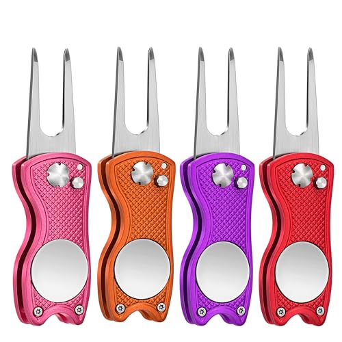 Mile High Life Golf Divot Repair Tool, All Metal Foldable Divot Tool with Pop-up Button & Magnetic Ball Marker, 2-6 Pack - color: 4 Pack (Pink/Purple/Red/Orange )