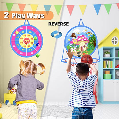 2 in 1 Basketball Hoop and Dart Board, 14" Dart Board for Kids, Basketball Hoop for Kids Toddlers, Sports & Outdoor Play, Birthday Gift Toys for 3 4 5 6 7 8 9 10 Year Old Boys Girls Kids, Party Favors - style: 2 in 1 Pink Fairy Theme