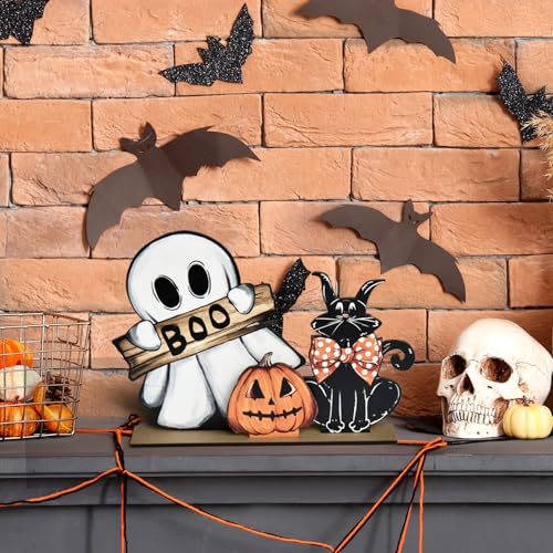Smile Happy Halloween Wooden Table Decoration, Pumpkin Ghost Boo Black Cat Standing Centerpieces, Indoor Decor for Desk Shelf and Party - style: Halloween