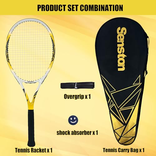 Senston 27 inch Tennis Racket for Adults 1 Pack Tennis Racket Set Tennis Overgrip, Vibration Damper - color: yellow