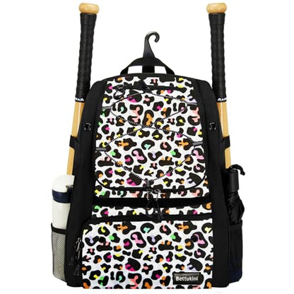 Youth Baseball Bag with Vented Shoe Compartment, Softball Bat Bag for Batting Mitten, Helmet, Teeball Gear - Adult Boys Girls Kids - color: Color Leopard