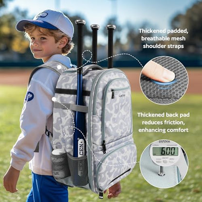 AUROTIER Rolling Baseball Backpack with Off-road Wheels, Wheeled Catchers Gear Bag for Baseball Equipment, 4 Bats, Large Softball Bag for TBall, Helmet & Accessories with Fence Hook - color: Grey-blue