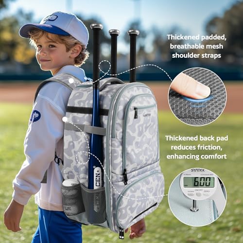 AUROTIER Rolling Baseball Backpack with Off-road Wheels, Wheeled Catchers Gear Bag for Baseball Equipment, 4 Bats, Large Softball Bag for TBall, Helmet & Accessories with Fence Hook - color: Grey-blue