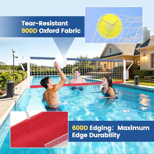 Pool Volleyball Net Set with LED Lights, Adjustable 15-32FT Net for Inground Pools, Volleyball Net with Glow Ball,Weighted Bases, Solar Powered Lights, Outdoor Water Volleyball Games for Family - style: Inground Pool Volleyball Net
